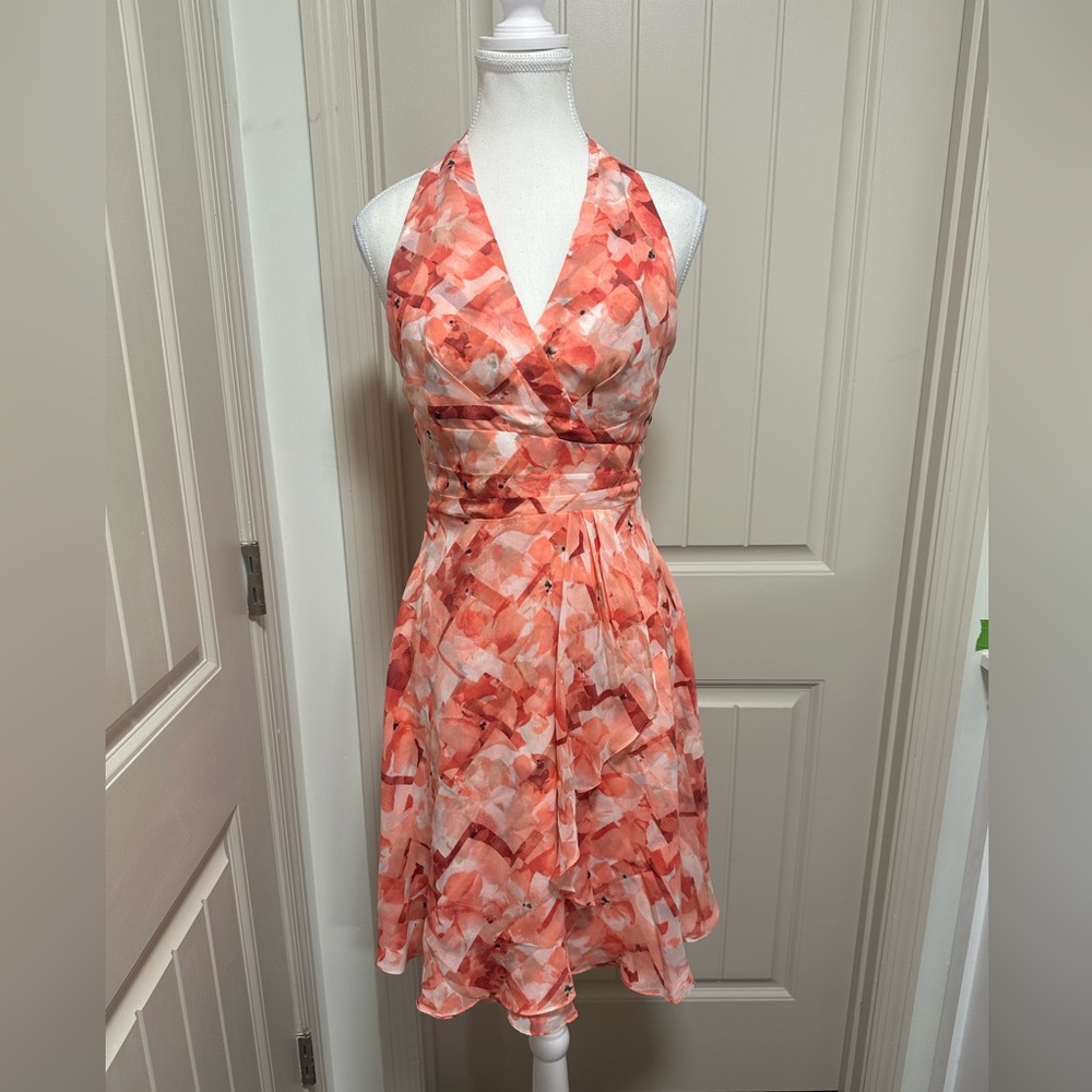 White House Black Market Coral One-Shoulder Halter Dress